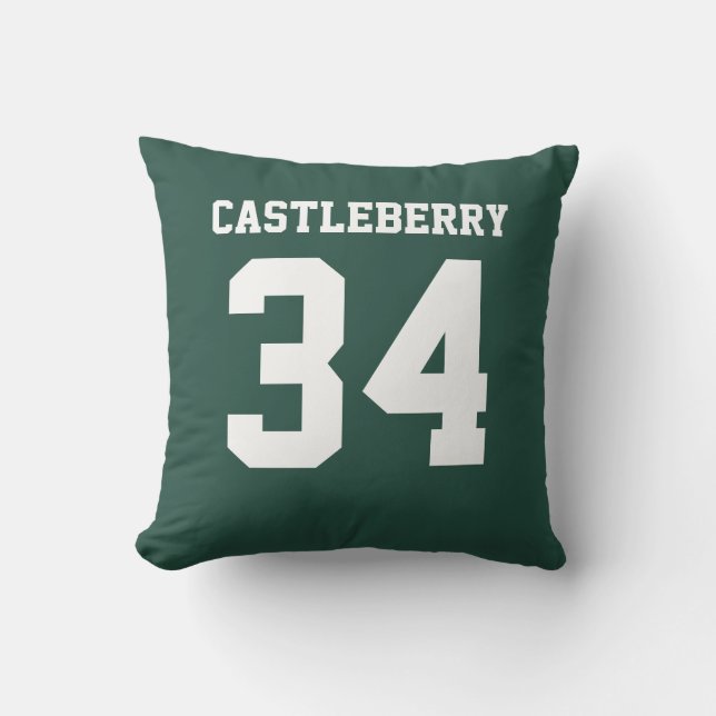 Double-Sided Forest Green and White Sports Jersey Throw Pillow (Front)