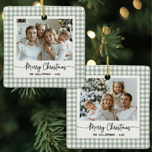 Double Sided Green Gingham Two Photo Ceramic Ornament
