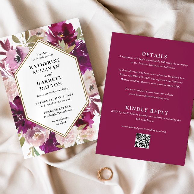 Double-sided Magenta Floral Wedding Website Invitation (Creator Uploaded)