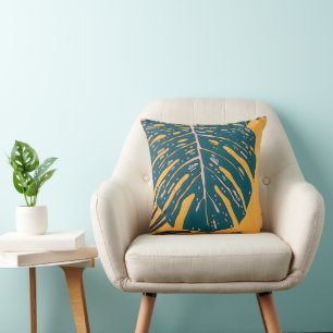 Double Sided Modern Tropical Monstera Leaf Linocut Throw Pillow