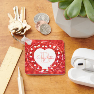 Double Sided Monogram Coral Glitter White Heart Keychain