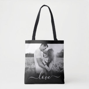Double Sided Photo Love Text Black Carry Tote Bag