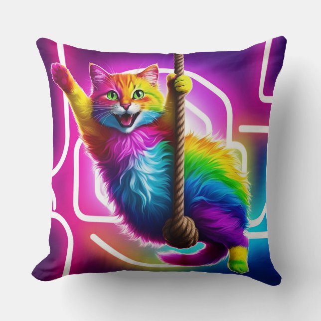 Double-Sided Pillow: Neon Hanging Feline Throw Pillow (Front)