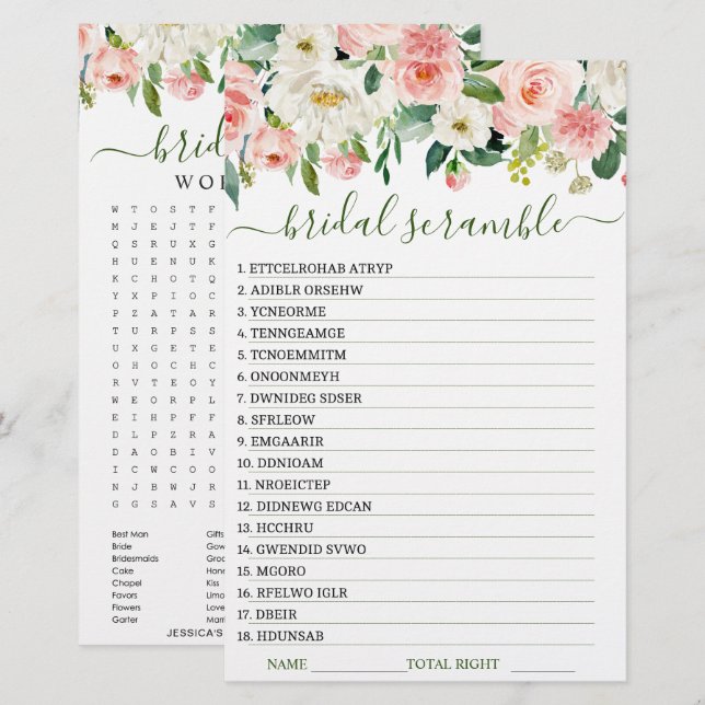 DOUBLE SIDED Pink Blush Flowers Bridal Shower Game (Front/Back)