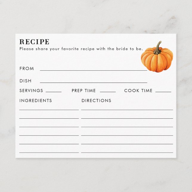 Double Sided Pumpkin Recipe Request Bridal Shower Enclosure Card (Front)