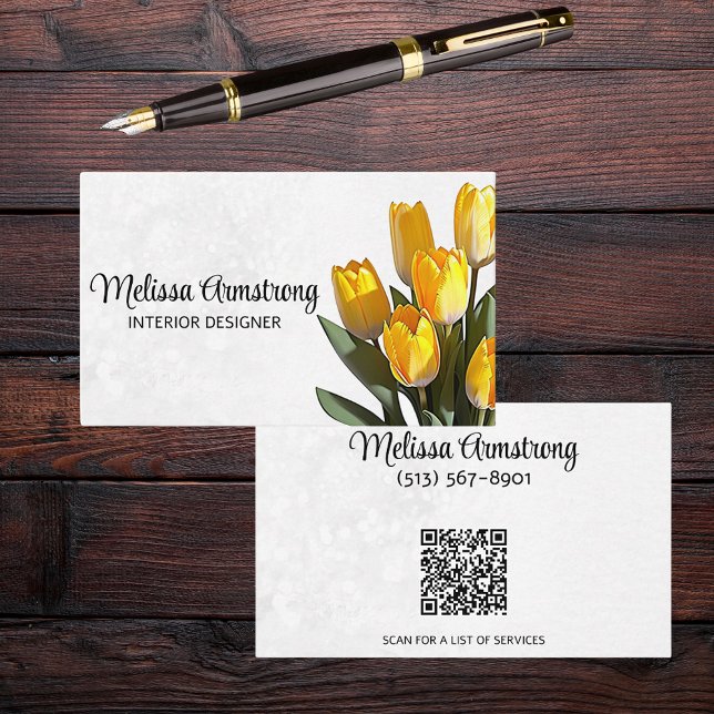 Double Sided Realistic Yellow Tulip with QR Code Business Card (Creator Uploaded)