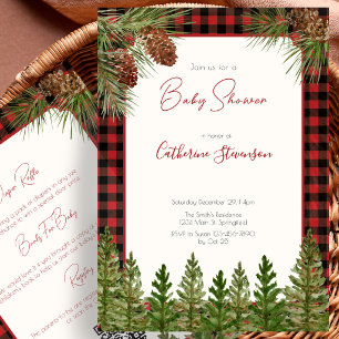 Double Sided Red Buffalo Plaid Winter Baby Shower Invitation