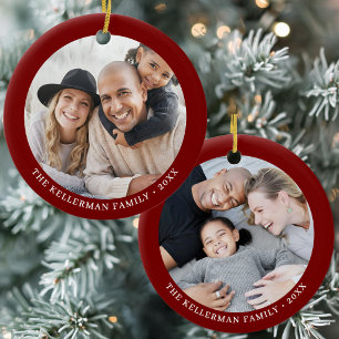 Double Sided Red Family Two Photo Christmas Ceramic Ornament