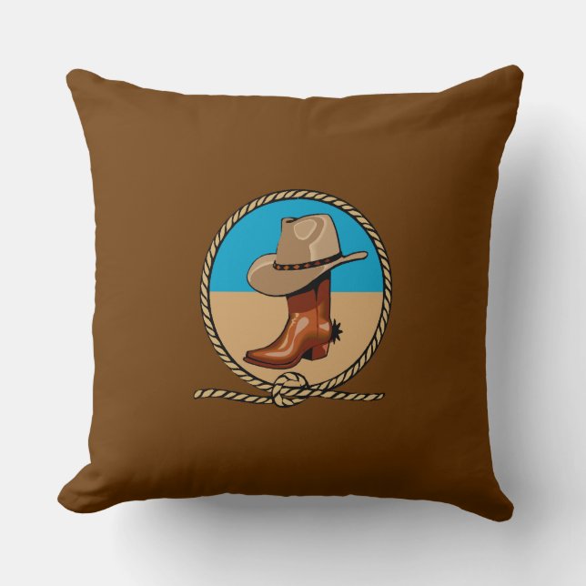 Double Sided Rodeo Brown Cowboy Boots and Hat Throw Pillow (Front)