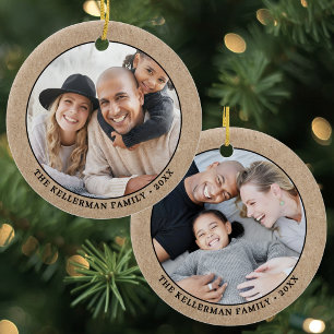 Double Sided Rustic Two Photo Christmas Ceramic Ornament