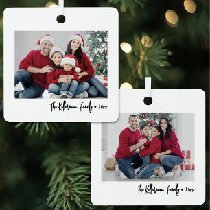 Double Sided Script Family Two Photo Christmas Metal Ornament