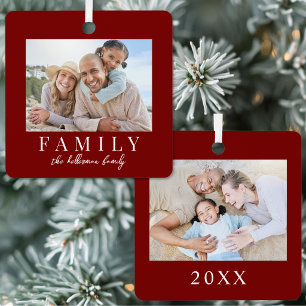 Double Sided Simple Red Family Two Photo Christmas Metal Ornament