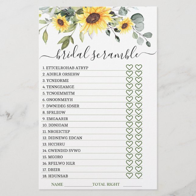 DOUBLE SIDED Sunflowers Eucalyptus Bridal Game (Front)