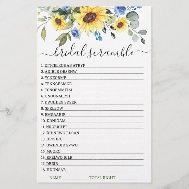 DOUBLE SIDED Sunflowers Eucalyptus Bridal Game (Front)