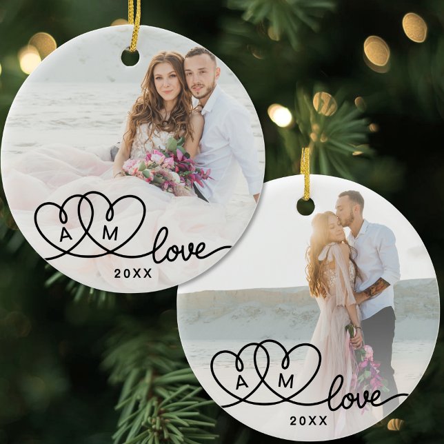 Double Sided Two Photo Script Love Ceramic Ornament (Double Sided Two Photo Script Love Ceramic Ornament)