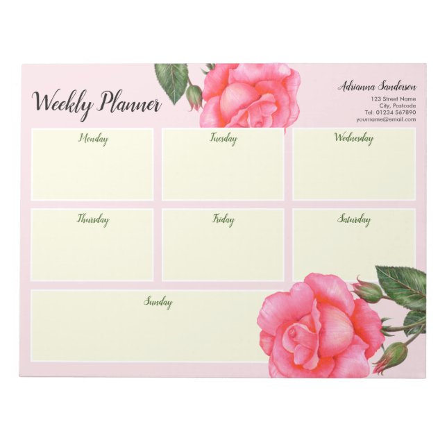 Double Sided Weekly Planner Watercolor Pink Rose Notepad (Front)