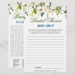 DOUBLE SIDED White Roses Floral Bridal Shower Game