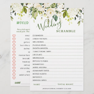 DOUBLE SIDED White Roses Floral Bridal Shower Game