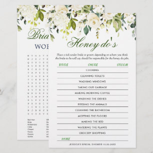 DOUBLE SIDED White Roses Floral Bridal Shower Game