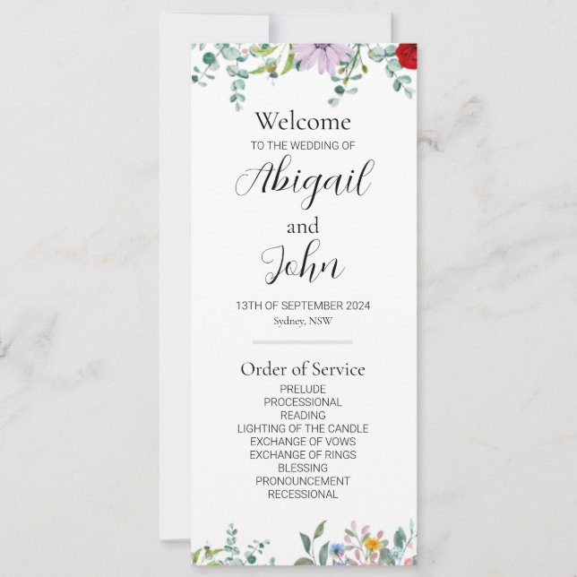 Double-Sided Wildflower Wedding Ceremony Flat Card (Front)