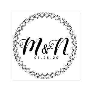 Double Simple Heart Circular Wedding Logo  Self-inking Stamp