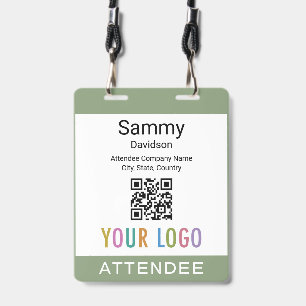 Double Slot Name Badge QR Code Logo Sage Green