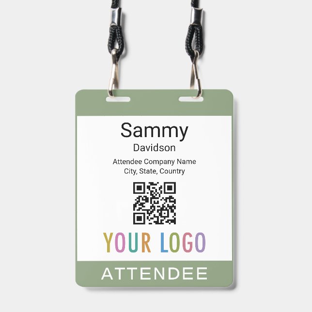 Double Slot Name Badge QR Code Logo Sage Green (Front with Lanyard)