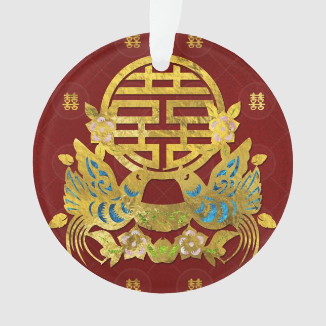 Double symbole de bonheur d'or avec des oiseaux (devant)