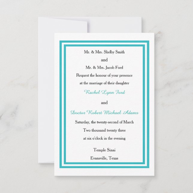 Double Teal Trim - 3x5 Wedding Invitation (Front)