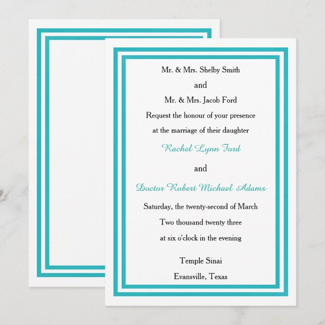 Double Teal Trim -5x7Wedding Invitation (Front/Back)