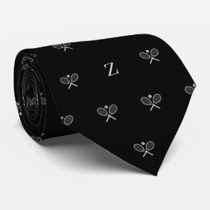 Double Tennis Rackets Ball Monogram Initial Black Tie