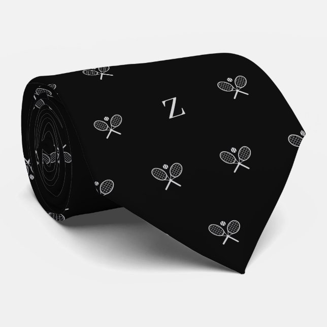 Double Tennis Rackets Ball Monogram Initial Black Tie (Rolled)
