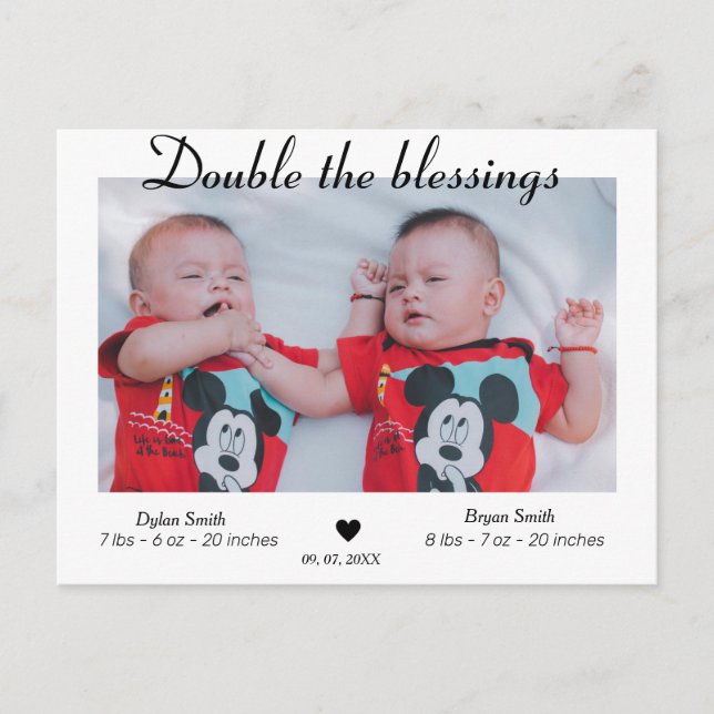 Double the blessing Twins photo Birth announcement Postcard (Front)