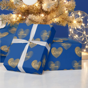 Double the Gold Love Hearts on Congress Blue Wrapping Paper