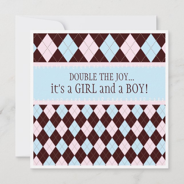 Double the Joy Argyle Boy Girl Twins Baby Shower Invitation (Front)