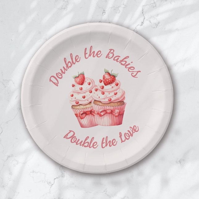 Double the Love Pink Cupcake Twin Baby Shower Paper Plate (Creator Uploaded)