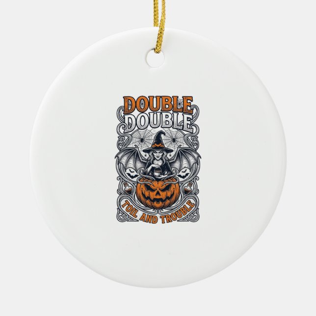 Double Toil Trouble Witch Pumpkin Halloween Cobweb Ceramic Ornament (Front)