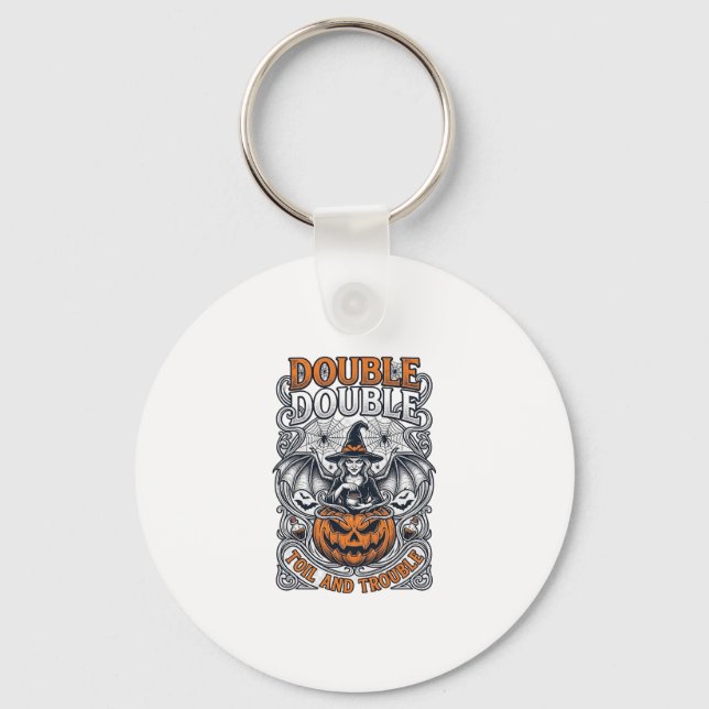 Double Toil Trouble Witch Pumpkin Halloween Cobweb Keychain (Front)
