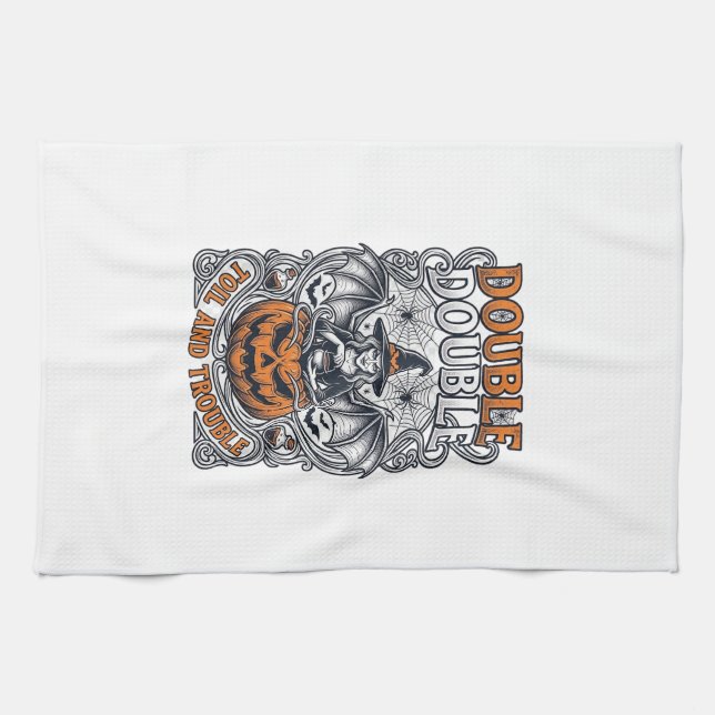 Double Toil Trouble Witch Pumpkin Halloween Cobweb Kitchen Towel (Horizontal)