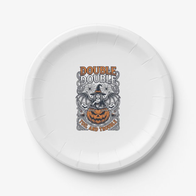 Double Toil Trouble Witch Pumpkin Halloween Cobweb Paper Plate (Front)
