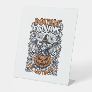 Double Toil Trouble Witch Pumpkin Halloween Cobweb Pedestal Sign