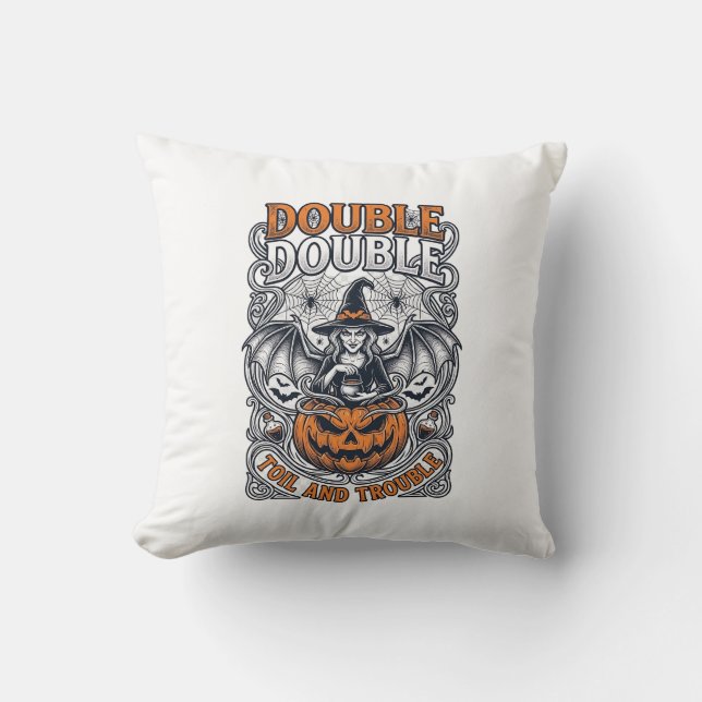 Double Toil Trouble Witch Pumpkin Halloween Cobweb Throw Pillow (Front)