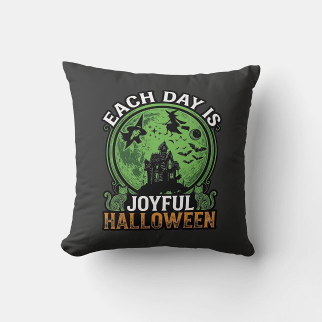 Double Toil Trouble Witch Pumpkin Halloween Cobweb Throw Pillow (Front)