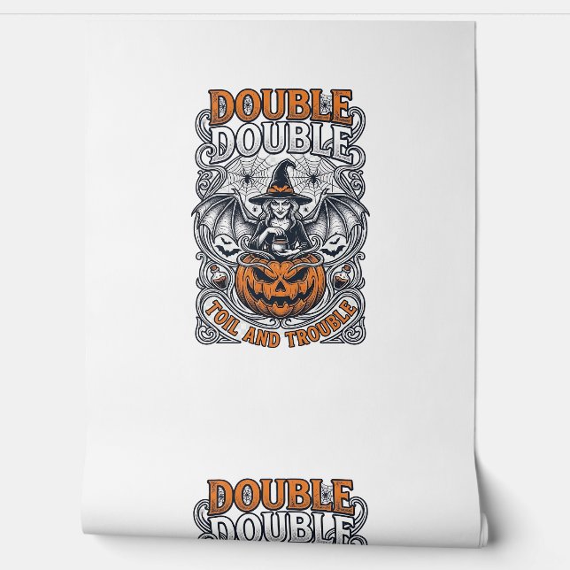 Double Toil Trouble Witch Pumpkin Halloween Cobweb Wallpaper (Unrolling)