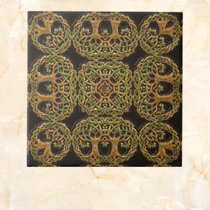 Double Tree of Life Faux on Black Embossed Pattern Tile