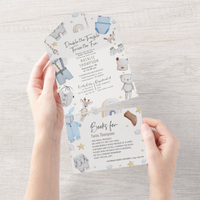 Double Trouble Clothes Twin Boys & Books Baby Show All In One Invitation (Tearaway)