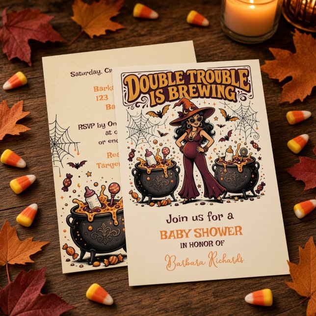 Double Trouble is Brewing Halloween Twins  Invitation (Double Trouble is Brewing Halloween Twins Baby Shower Invitation)