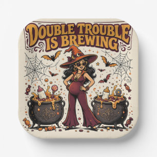 Double Trouble is Brewing Halloween Twins Paper Plate
