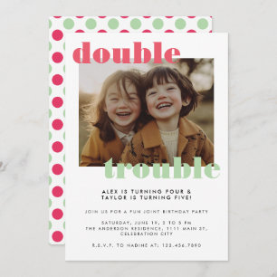 Double Trouble Joint Kids Photo Birthday Party Invitation