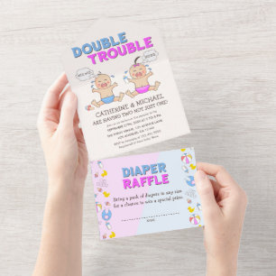 Double Trouble Twin Boy & Girl Baby Shower All In One Invitation
